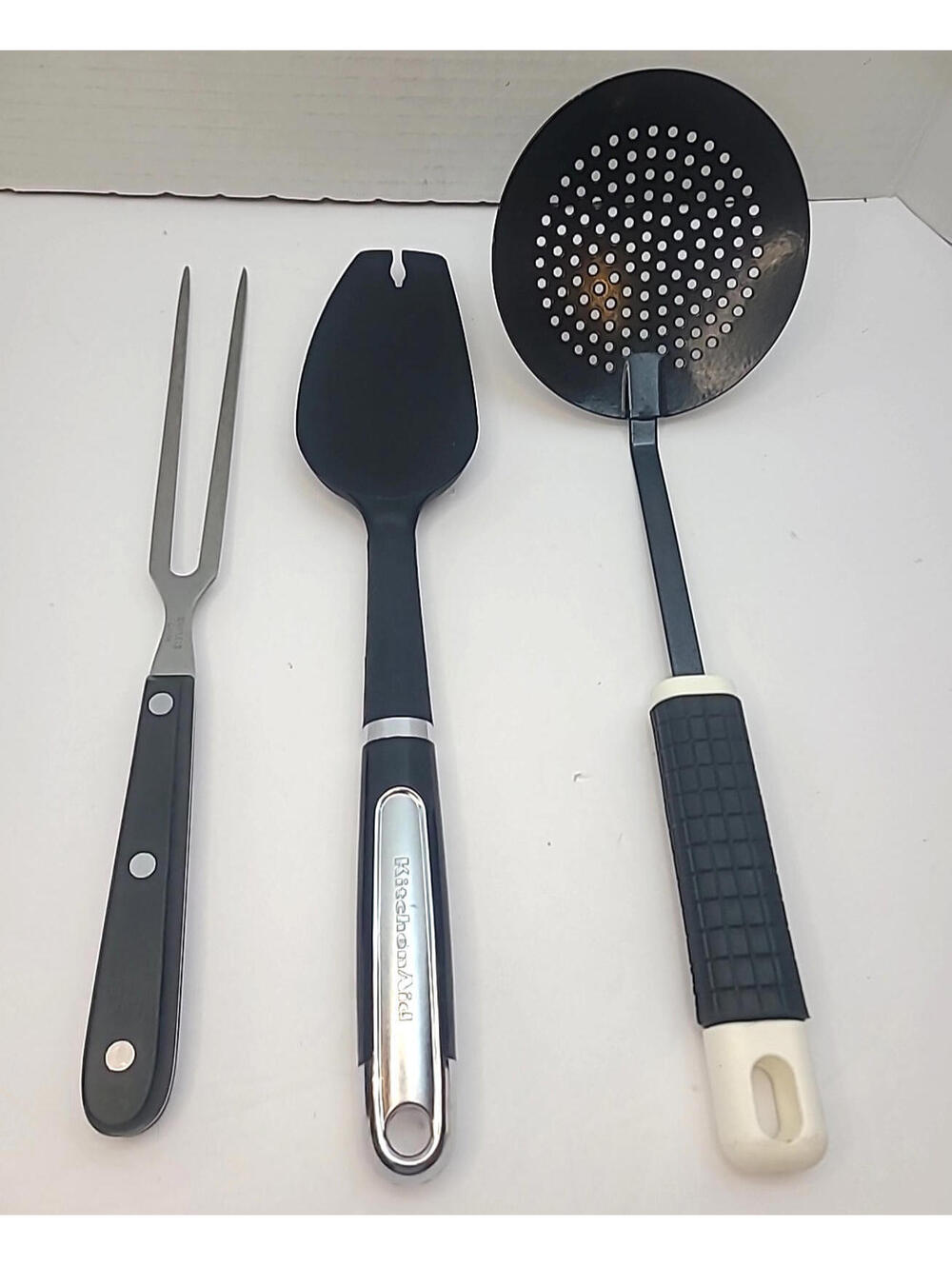 Lot Of 3 Kitchen Utensils- Metal Skimmer, Meat Fork, KitchenAid Spatula